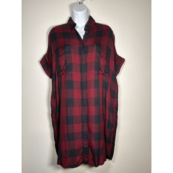 MADEWELL Shirt Dress Short Sleeve Deep Red Black Plaid Classic Holiday Size XS - Picture 1 of 7